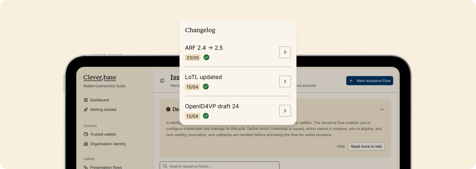 De changelog in de Wallet Connection Suite: ARF 2.4 naar 2.5, LoTL bijgewerkt en OpenID4VP draft 24, elk met een vinkje als doorgevoerd.