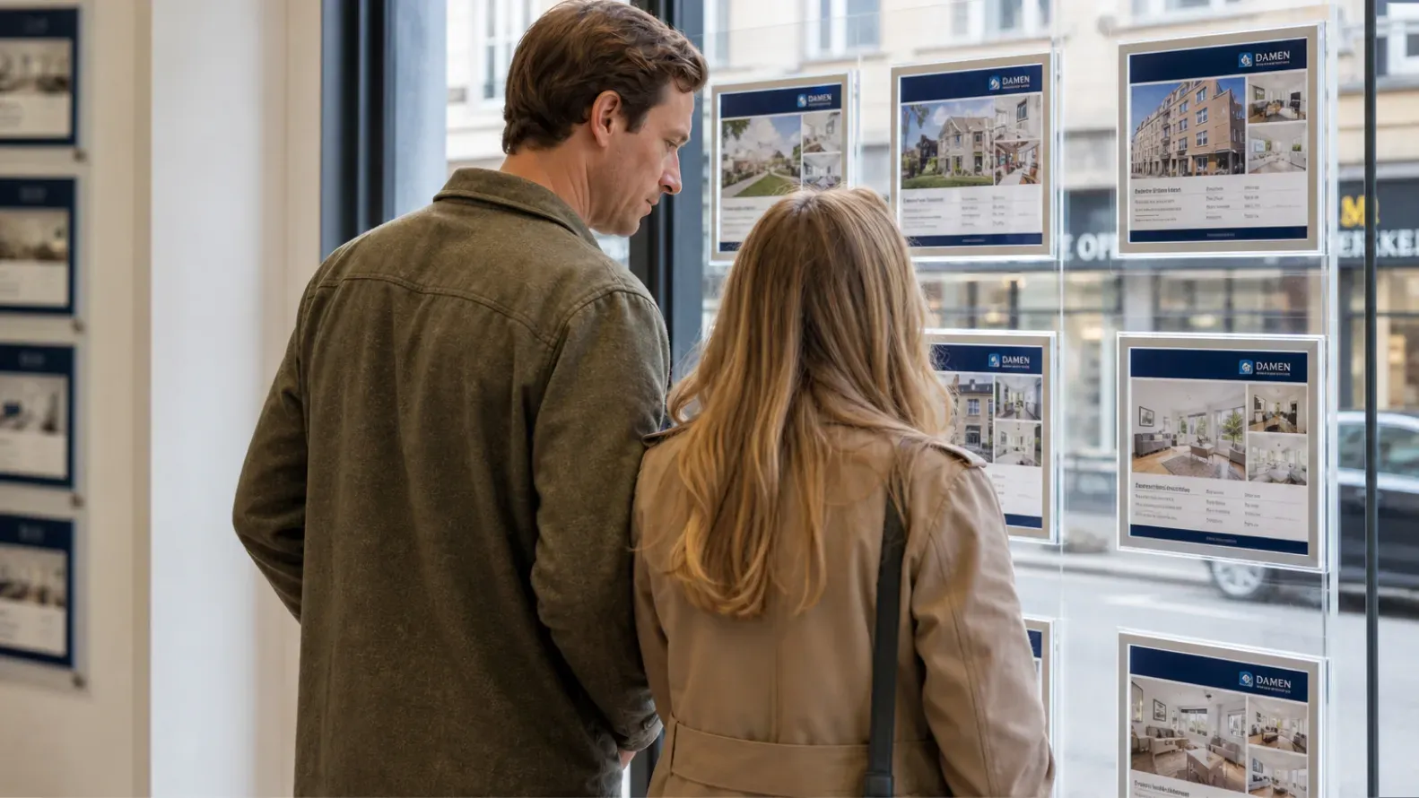 Een stel bekijkt woningaanbod in de etalage van een makelaar